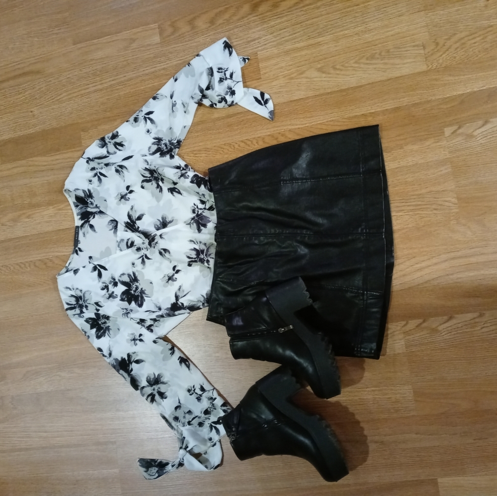 Floral White and Black Blouse